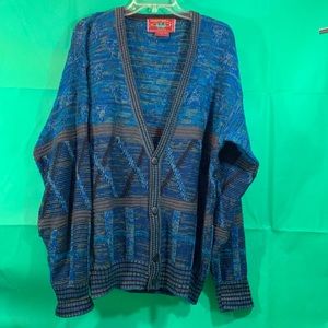 Vintage Chartwell Geometric Cardigan Mens L, Blue Black Gray grandpa V-neck